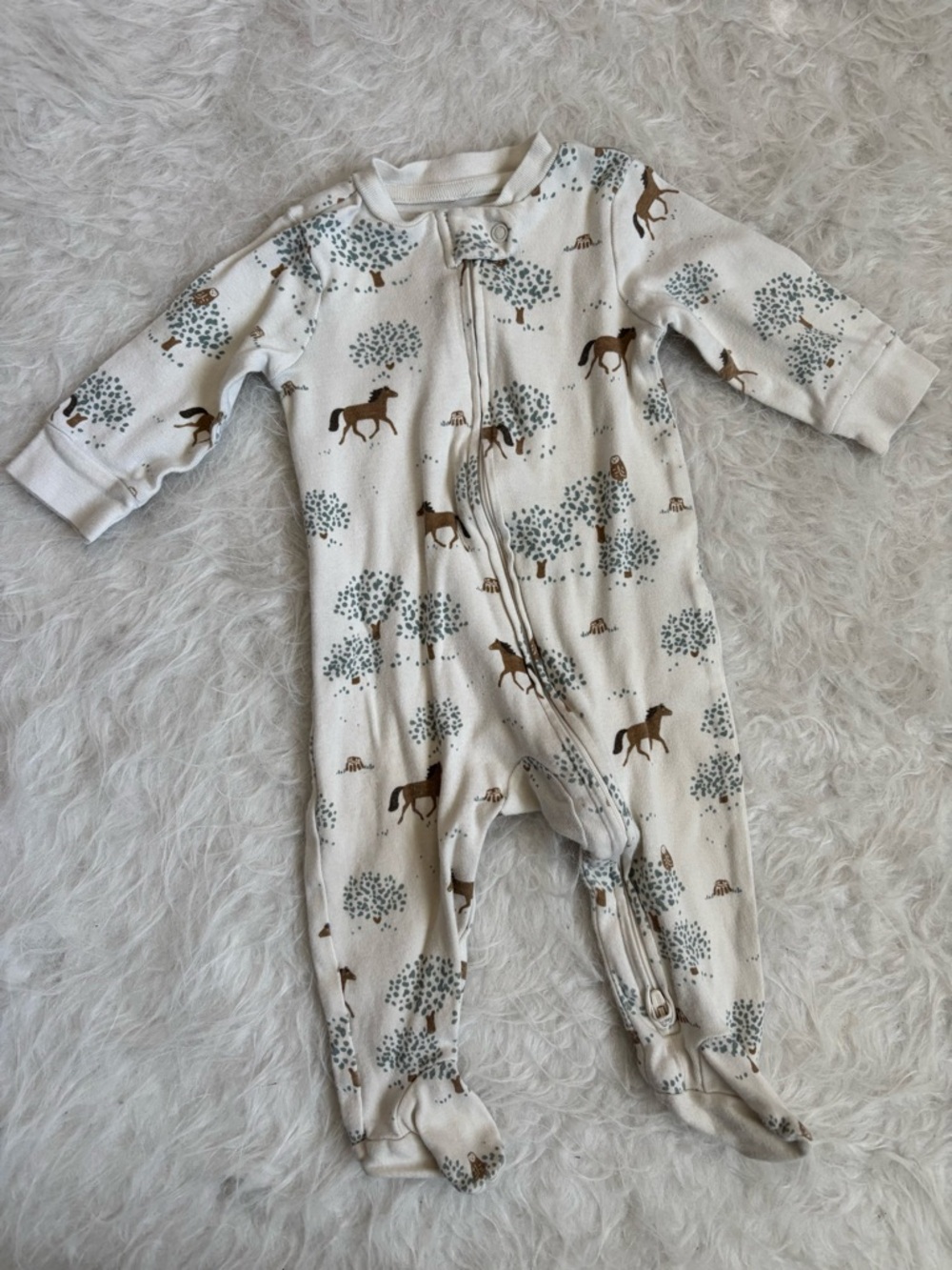 Little Planet Gender Neutral Cream Baby Footed Pajamas Horse & Tree AOP
